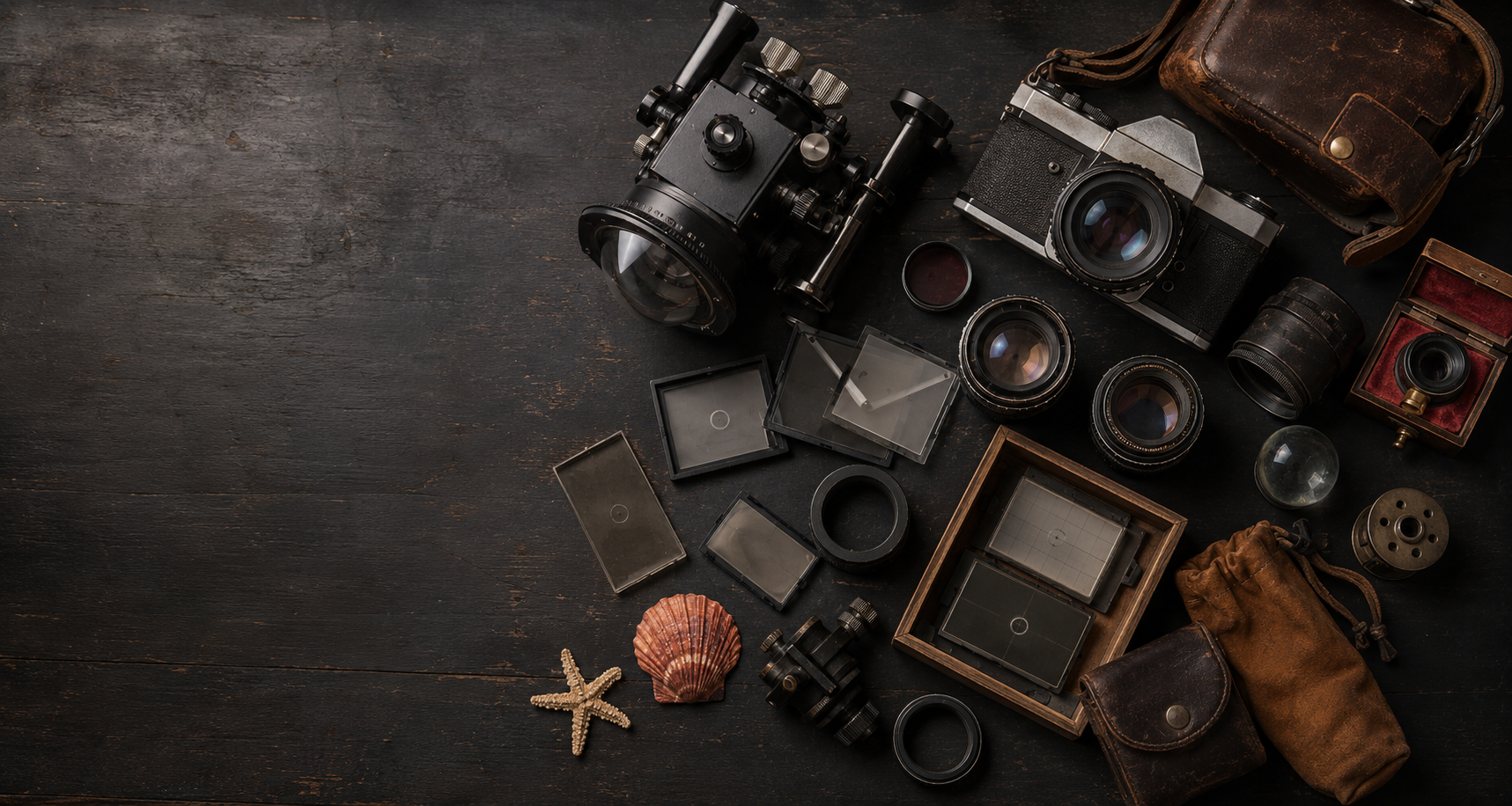 Editorial arrangement of vintage camera gear and accessories on a dark workbench